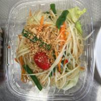 Green Papaya Salad · Som Tum. Shredded papaya, tomato, carrot and string bean peanut tossed in spicy lime juice. ...