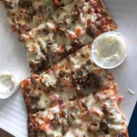 Large Gyro Pizza · Gyros, mozzarella, tomatoes, onions and marinara sauce.