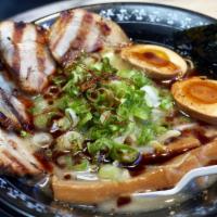 Black Garlic Tonkotsu · Chashu 2 pieces,  menma(bamboo shoots), scallion, bean sprouts, and seaweed.