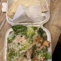 Poulet Au Rie Salad · Boneless white meat chicken, rice and lettuce homemade croutons, tossed with our own homemad...
