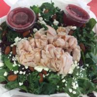 Kale Salad · Kale greens, baby spinach, dried cranberries, sliced roasted almonds, crumbled goat cheese a...