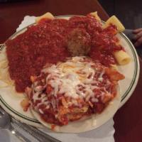 Italian Plate · A side of spaghetti, a meatball, a ravioli, a side of rigatoni and a side of lasagna, smothe...