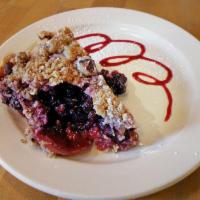 Bumble Berry Peach Pie-slice · Raspberries, blueberries, marionberries & peaches w/ coconut hazelnut streusel
*contains haz...