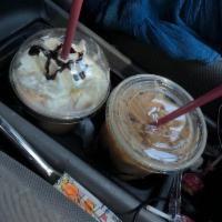 Abilene · White and dark ghirardelli chocolate, milk, frappe mixed and ice, blended smooth and topped ...