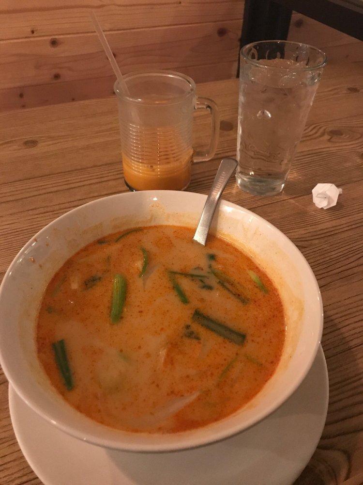 Tom Kha · Coconut milk soup with mushroom, onion, Kaffir lime leaves, galangal root, and lemongrass.