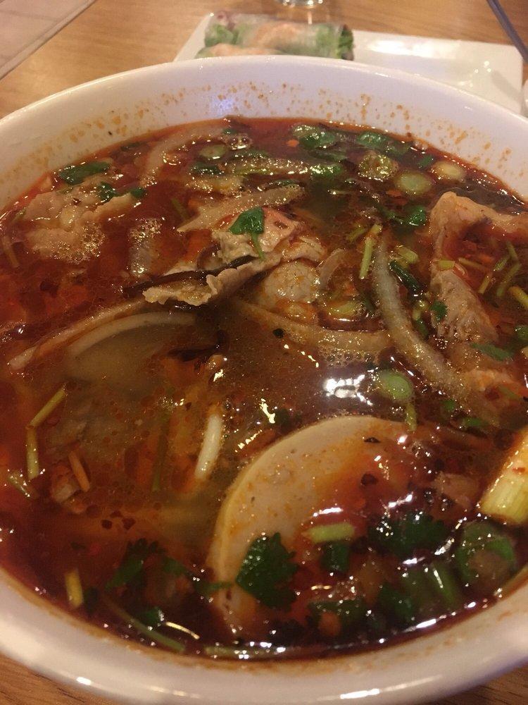 Bun Bo Hue · Thick rice noodle spicy soup with tender, beef pork hock and sliced pork roll.