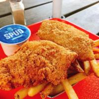 Rock Fish and Chips · 3 pieces. Served with tartar sauce and french fries.