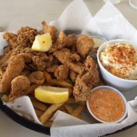 Fried Seafood Platter · Shrimp, oysters and catfish. Served with choice of 2 sides: Creole slaw, Cajun potato salad ...