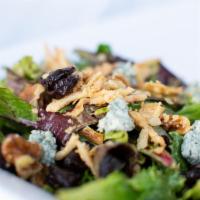 Mama Dukes Salad · Mixed baby greens, dried tart cherries, blue cheese crumbles, crushed walnuts. fried onions,...
