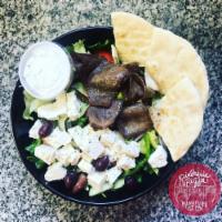 Greek Salad · Served with a white pita. Our favorite Feta, kalamata olives, tomatoes, red onions, green pe...