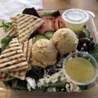 Hummus Plate · Our homemade hummus served with sliced tomatoes, and mixed greens, cucumber, feta, and olive...