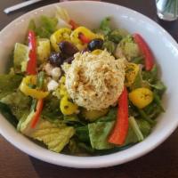 Zorba the Greek Salad · Romaine, cucumber, banana peppers, red tomato, red onion, Kalamata olives, feta cheese and S...