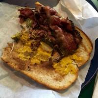 Hot Pastrami Sandwich · Sliced thin pastrami, with Swiss cheese, chopped pickles, sauerkraut and your choice of hot ...