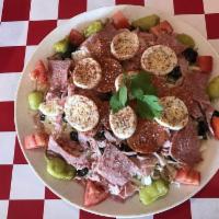 Antipasto Salad · Mixed greens, tomatoes, pepperoncini, eggs, black olives, ham, salami and pepperoni. Sprinkl...