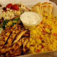 Gyro Platter · Served with Greek salad pita, tzatziki sauce and rice or french fries.