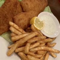Fish and Chips · Filet of tilapia with french fries, and a side of tarter sauce