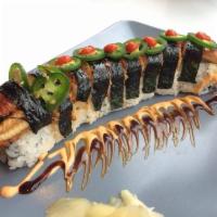 Dragon Roll · Broiled eel on California roll.