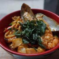 Basil Udon · Fresh udon noodle,eggs, chili, onion, bell pepper and basil. Hot and spicy.