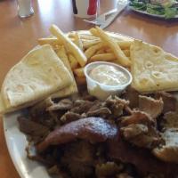 Gyro Platter · ALL PLATTERS SERVED WITH A SIDE SALAD, PITA BREAD, TAZIKI SAUCE AND YOUR CHOICE OF RICE OR F...