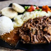 Gulyash · Russian. Beef stew, salad, rice and mashed potatoes.