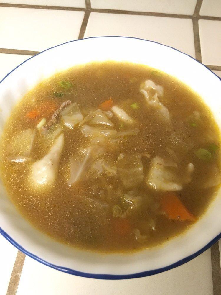 Vegetables Beef Soup with Dumplings · Mongolian. Cabbage, carrots, celery and small beef dumplings.