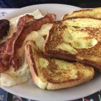 Secaucus Breakfast · Pancakes or French toast or waffles with bacon, ham, sausage, and 2 eggs.