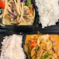 Green Curry · Thai green curry with coconut milk, eggplant, bellpepper, mushroom, bamboo, and basil leave.
