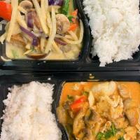 Red Curry · Thai red curry with coconut milk, eggplant, bellpepper, mushroom, bamboo, and basil leave.