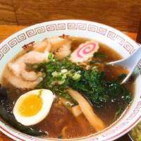 Shoyu · Classic, soy sauce flavored chicken broth enhanced with umami, with roasted pork, egg, bambo...