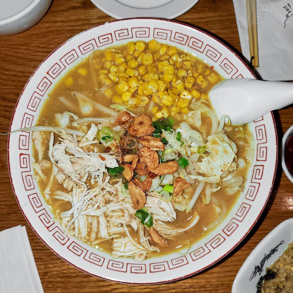 Miso Ramen · Flavorful miso infused chicken broth with shredded chicken, bean sprouts, cabbage, crispy garlic, scallions, corn and red pepper flakes
