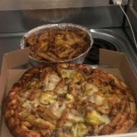 All Night Diner Pizza · Ketchup and mustard sauce, beef, bacon, french fries, pickles, cheddar, mozzarella.