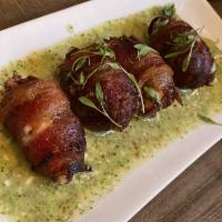 Bacon Wrapped Dates · Medjool dates, applewood smoked bacon and blue cheese vinaigrette.
