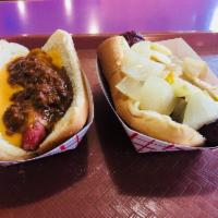 Chili Cheese Dog Sandwich · Vienna beef hot dog smothered in an aged cheddar cheese sauce and topped with chili filled w...