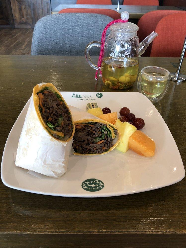 Bulgogi Wrap · Freshly made and house marinated Korean bulgogi beef. Sautéed with yellow onions and carrots. Wrapped in a jalapeno cheddar tortilla wrap with romaine. Comes with a side of chips or fresh fruit. (Pineapple, melon, and grapes).