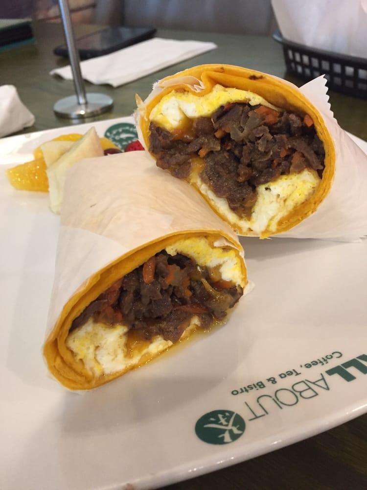 Bulgogi Breakfast Wrap · A breakfast wrap made fresh with Korean marinated grade a beef sautéed with yellow onions and carrots. Wrapped with 2 eggs and cheddar cheese. Comes with a side of fruits. (Banana, strawberry, grapes, and orange).