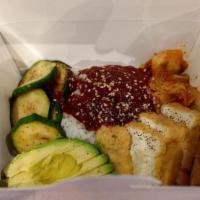 Vegan Bento · Avocado, sautéed zucchini, tofu, spinach, gochujang. Korean red chili paste. Sesame, and nor...