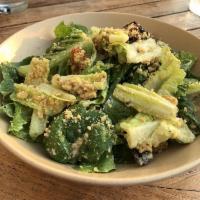 Sunflower Caesar Salad · Romaine, wood-fried croutons, almond parmesan. Dressing contains soy. Can be made GF and NF ...