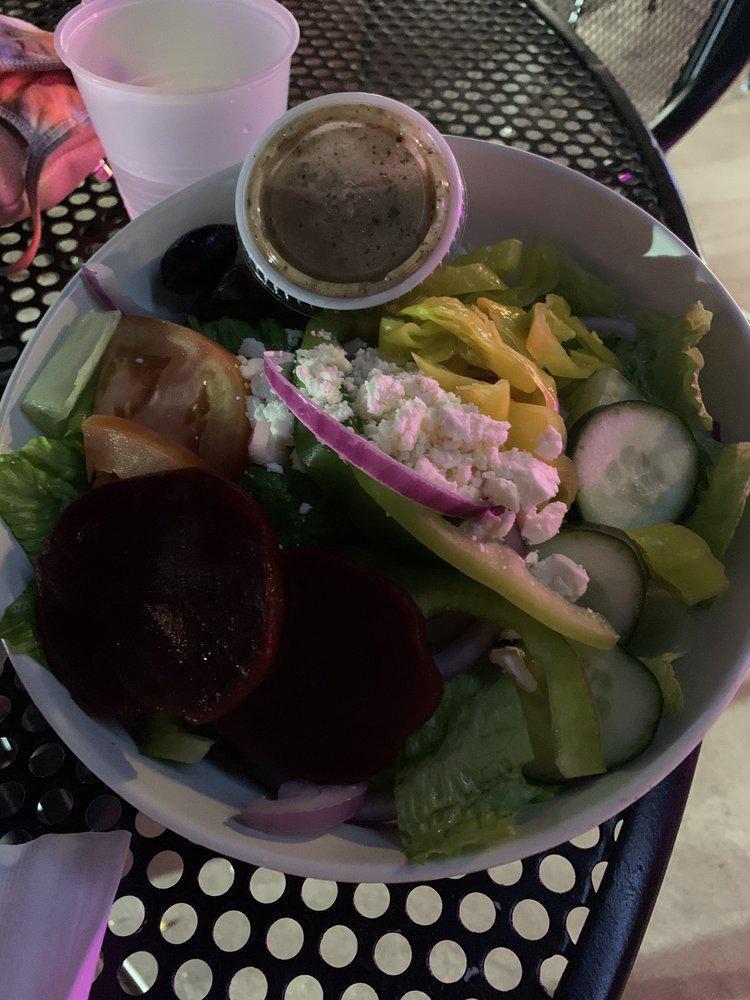 Greek Salad · Lettuce, tomatoes, red onions, cucumbers, olives, beets pepperoncini, green pepper, feta cheese.
