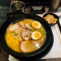 Miso Ramen · Chashu pork, kamaboko, corn, green onions, egg, seaweed, bean sprout.