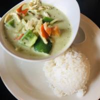 Green Curry · Gluten-free. Thai sweet green curry slow-cooked in coconut milk with eggplant, bamboo shoots...