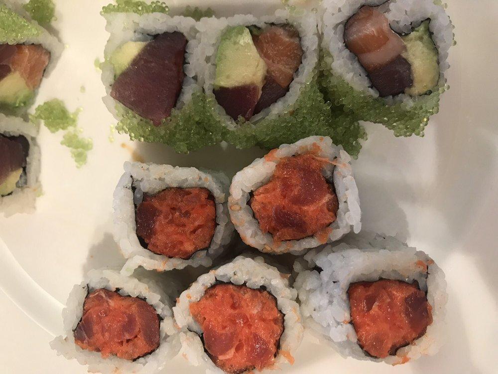 Wasabi Roll · Tuna, salmon and avocado on the inside and wasabi and roe on the outside.