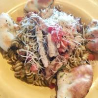 Basil Chicken Pasta · – Rotini pasta with grilled chicken, basil pasta sauce, diced Roma Tomatoes & parmesan chees...
