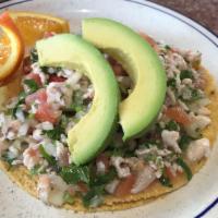 Shrimp Ceviche Tostada · Pico de gallo avocado