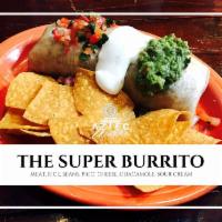 Super Burrito · Meat, rice, black beans, pinto beans, refried beans, cheese, pico, guacamole and sour cream....