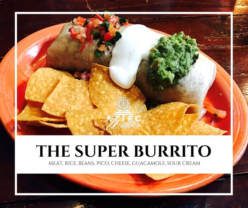 Super Burrito · Meat, rice, black beans, pinto beans, refried beans, cheese, pico, guacamole and sour cream.

Silverware upon request