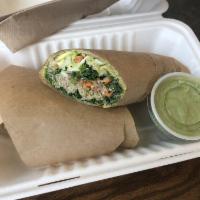 Vegan Wrap · Kale, quinoa, cabbage, carrots, red onion, avocado and hummus wrapped in a spinach tortilla,...