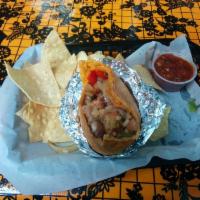 Fajita Burrito · Fresh grilled onions, green and red bell peppers, pinto beans, Mexican rice, Jack cheese, sa...