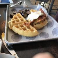 Lawful Waffle Burger · Hamburger, apple-wood bacon, cheddar cheese, over easy egg, hot honey and waffle bun.