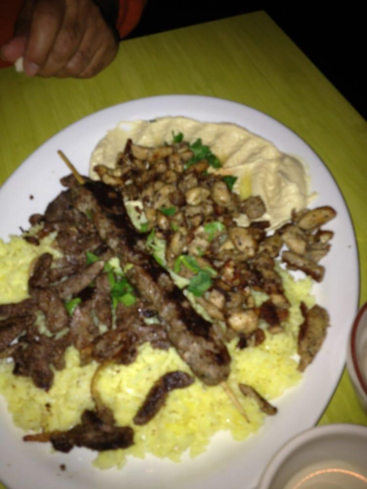 Meat Combo · Lamb, chicken and kafta (ground beef, parsley, onions and traditional spices) with flavored rice and tahini. Served with fresh pita bread.