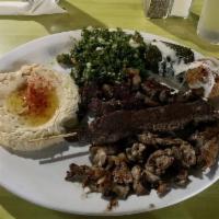 Habibi Mezza · Kafta (ground beef, parsley, onions and traditional spices), lamb and chicken shawarma, fala...